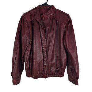 Vintage Burgundy Leather Button-Up Jacket Elastic Waist & Pockets Womens Size M